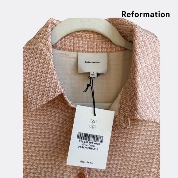 Reformation Effie Dress – Peach Check – Size 8 – NWT – Button Front Mini Dress - Picture 5 of 7
